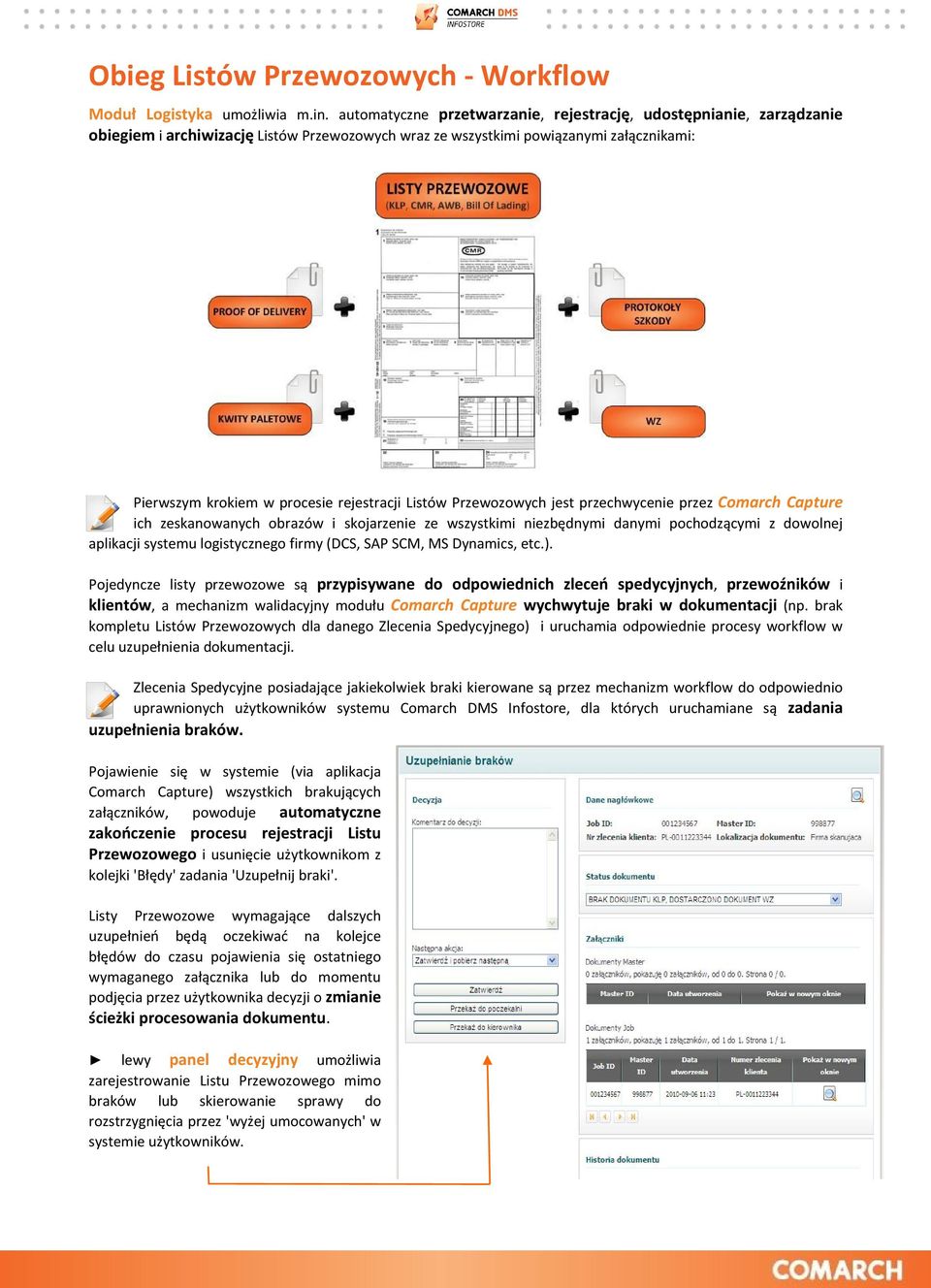 Listów Przewozowych jest przechwycenie przez Comarch Capture ich zeskanowanych obrazów i skojarzenie ze wszystkimi niezbędnymi danymi pochodzącymi z dowolnej aplikacji systemu logistycznego firmy