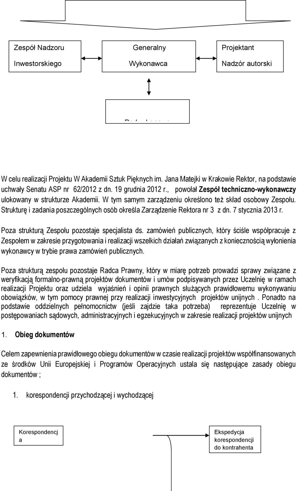 W tym samym zarządzeniu określono też skład osobowy Zespołu. Strukturę i zadania poszczególnych osób określa Zarządzenie Rektora nr 3 z dn. 7 stycznia 2013 r.