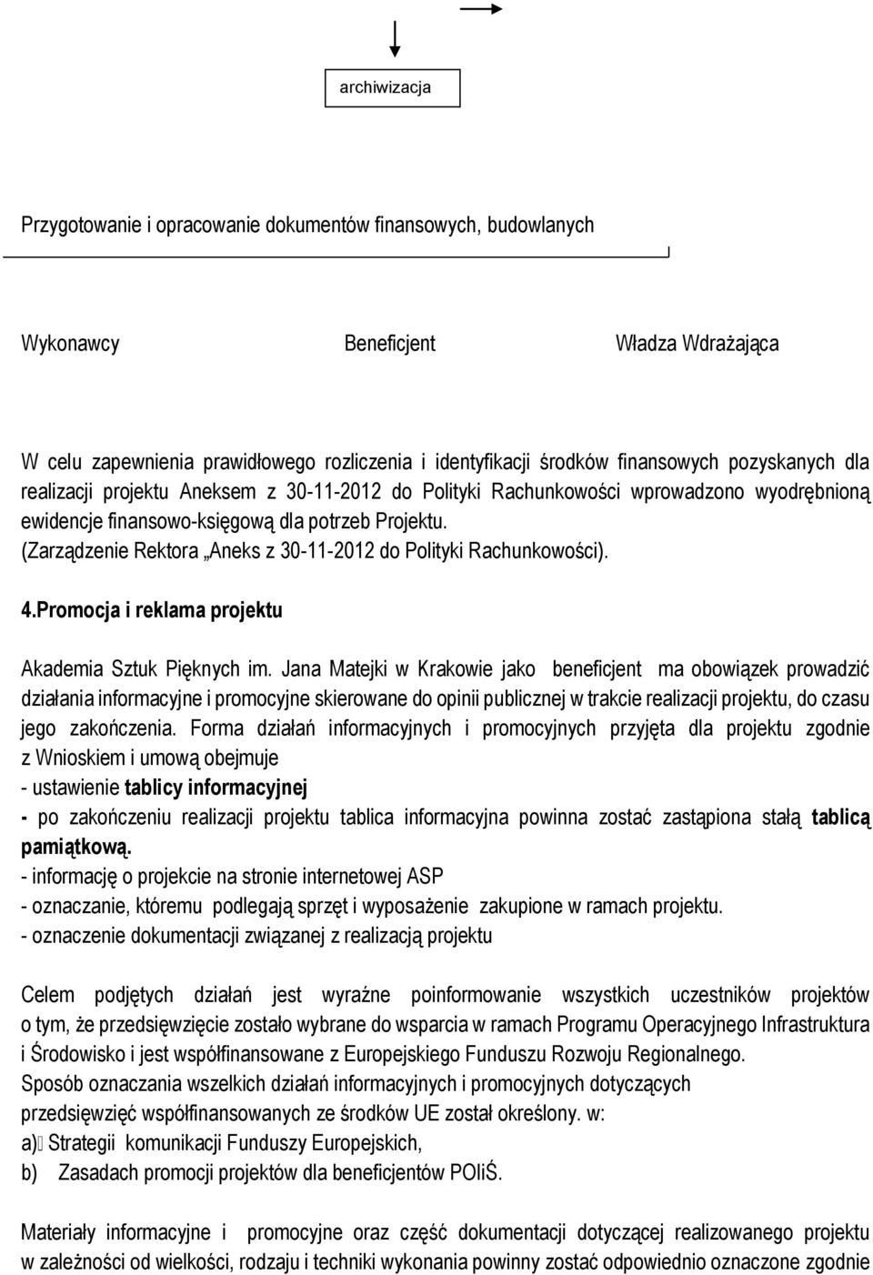 (Zarządzenie Rektora Aneks z 30-11-2012 do Polityki Rachunkowości). 4.Promocja i reklama projektu Akademia Sztuk Pięknych im.