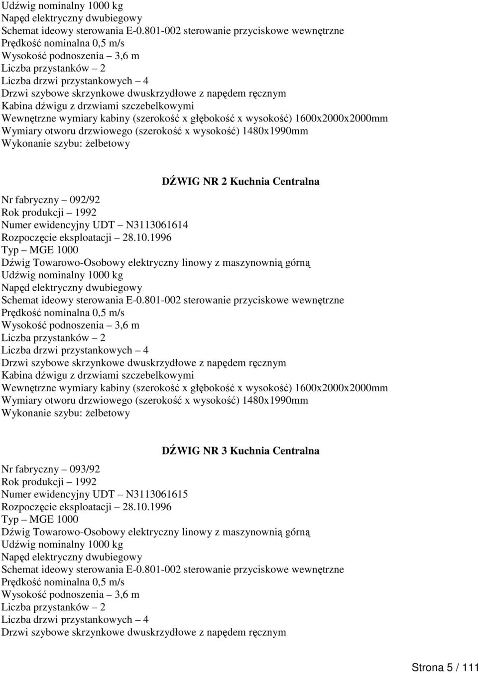 1996 Udźwig nominalny 1000 kg Wysokość podnoszenia 3,6 m Liczba drzwi przystankowych 4 Kabina dźwigu z drzwiami szczebelkowymi DŹWIG NR 3 Kuchnia