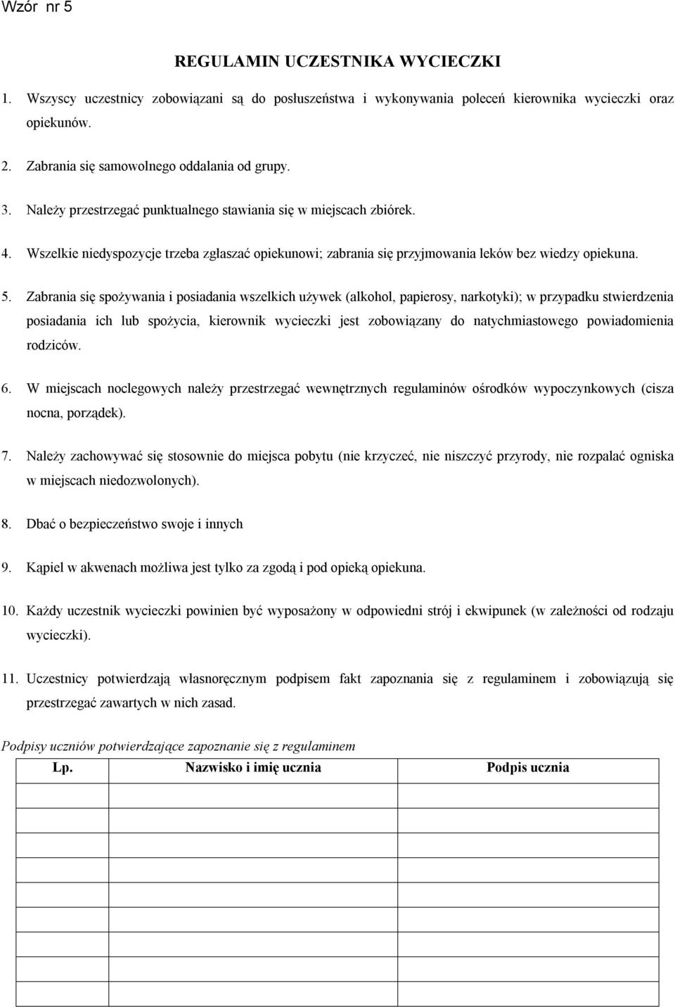 Wszelkie niedyspozycje trzeba zgłaszać opiekunowi; zabrania się przyjmowania leków bez wiedzy opiekuna. 5.