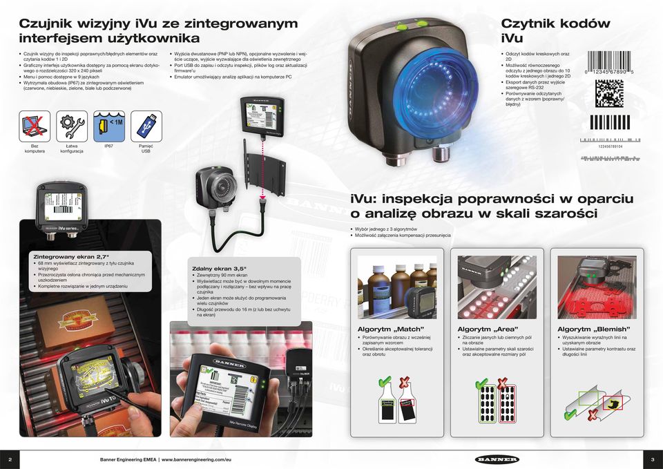 Wyjścia dwustanowe (PNP lub NPN), opcjonalne wyzwolenie i wejście uczące, wyjście wyzwalające dla oświetlenia zewnętrznego Port USB do zapisu i odczytu inspekcji, plików log oraz aktualizacji