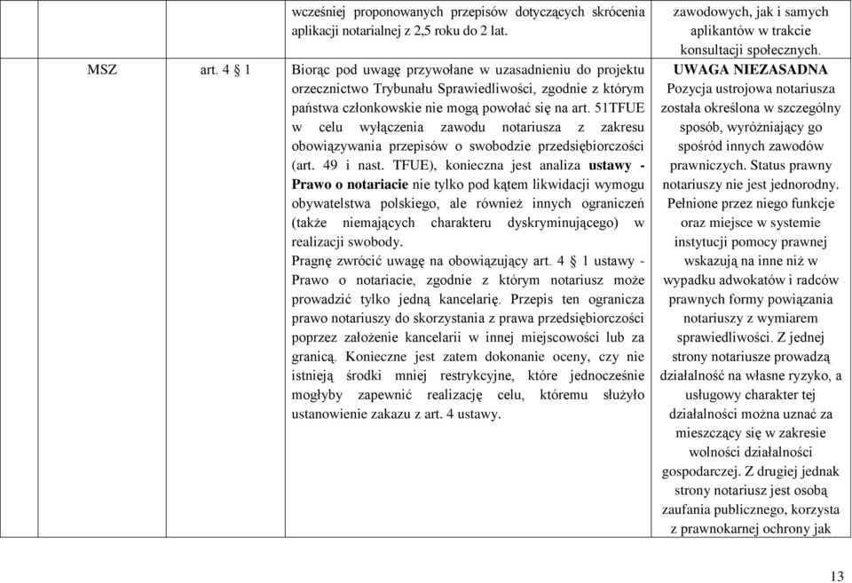 51TFUE w celu wyłączenia zawodu notariusza z zakresu obowiązywania przepisów o swobodzie przedsiębiorczości (art. 49 i nast.