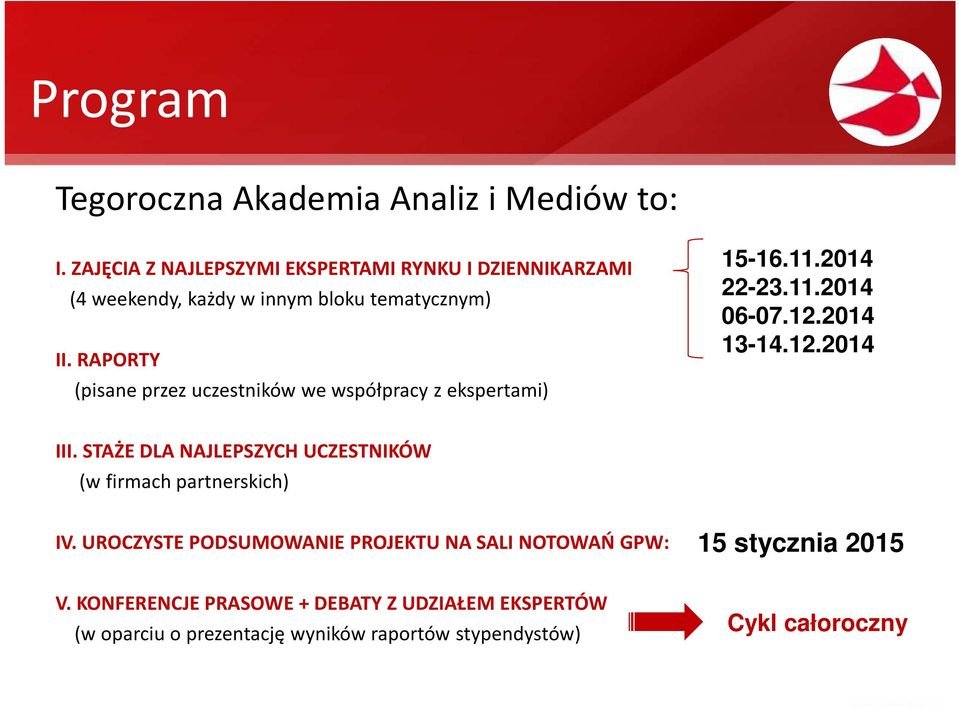 RAPORTY (pisane przez uczestników we współpracy z ekspertami) 15-16.11.2014 22-23.11.2014 06-07.12.2014 13-14.12.2014 III.