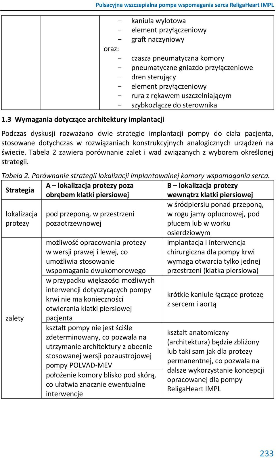 do ciała pacjenta, stosowane dotychczas w rozwiązaniach konstrukcyjnych analogicznych urządzeń na świecie. Tabela 2 zawiera porównanie zalet i wad związanych z wyborem określonej strategii. Tabela 2. Porównanie strategii lokalizacji implantowalnej komory wspomagania serca.