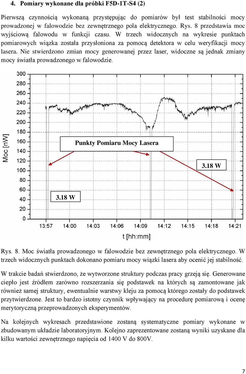 Nie stwierdzono zmian mocy generowanej przez laser, widoczne są jednak zmiany mocy światła prowadzonego w falowodzie. Punkty Pomiaru Mocy Lasera 3.18 W 3.18 W Rys. 8.