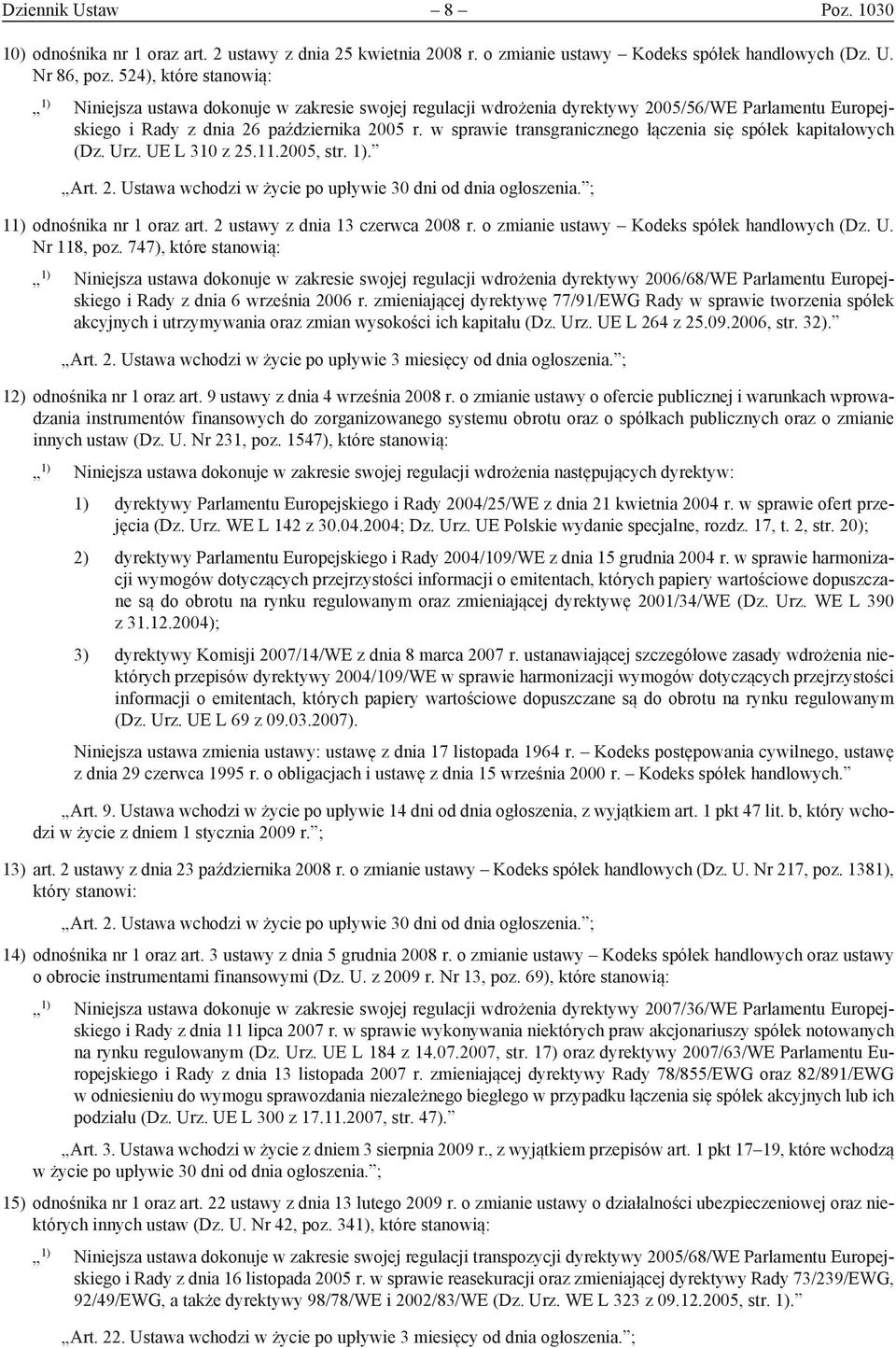 w sprawie transgranicznego łączenia się spółek kapitałowych (Dz. Urz. UE L 310 z 25.11.2005, str. 1). Art. 2. Ustawa wchodzi w życie po upływie 30 dni od dnia ogłoszenia.