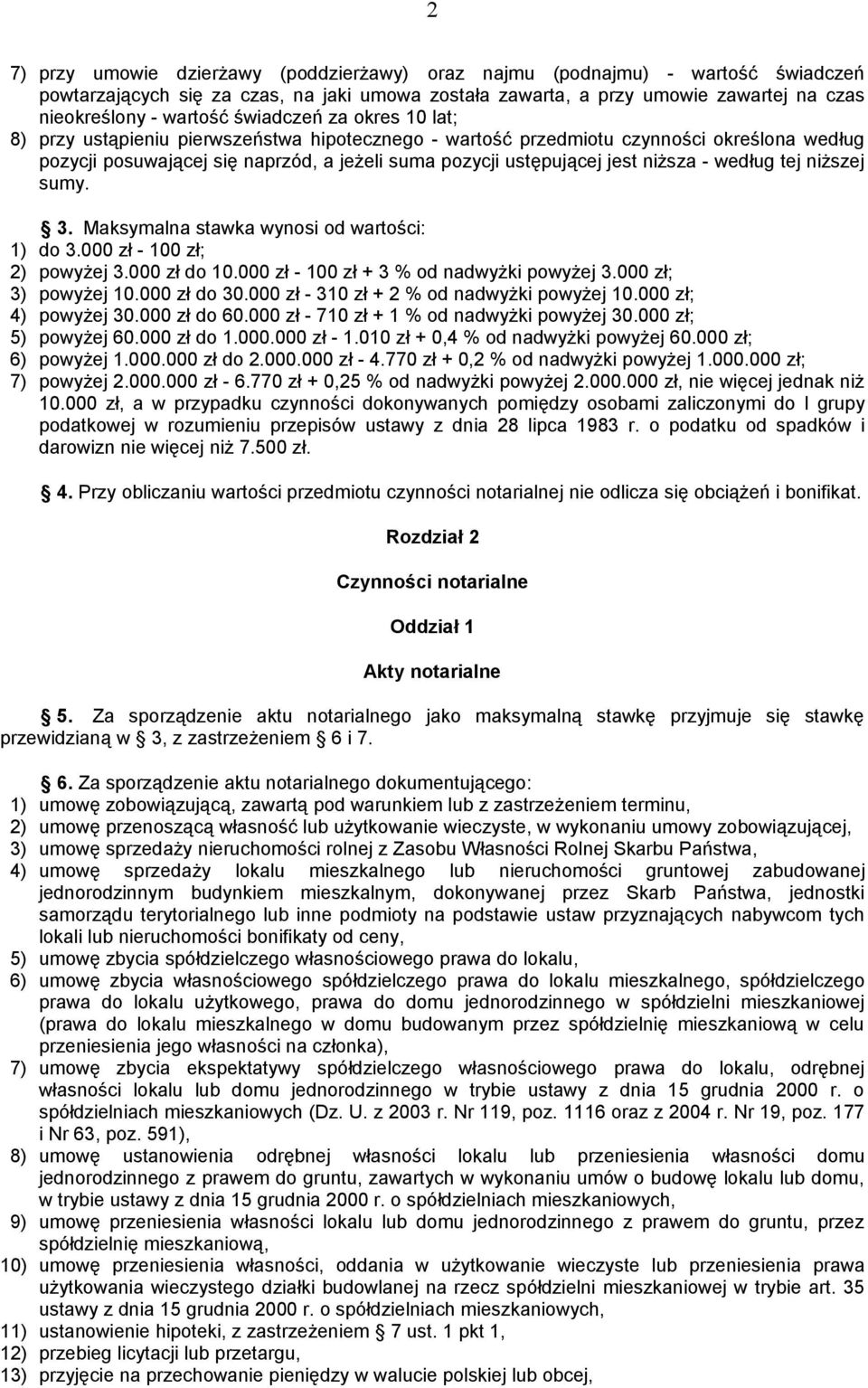 - według tej niższej sumy. 3. Maksymalna stawka wynosi od wartości: 1) do 3.000 zł - 100 zł; 2) powyżej 3.000 zł do 10.000 zł - 100 zł + 3 % od nadwyżki powyżej 3.000 zł; 3) powyżej 10.000 zł do 30.