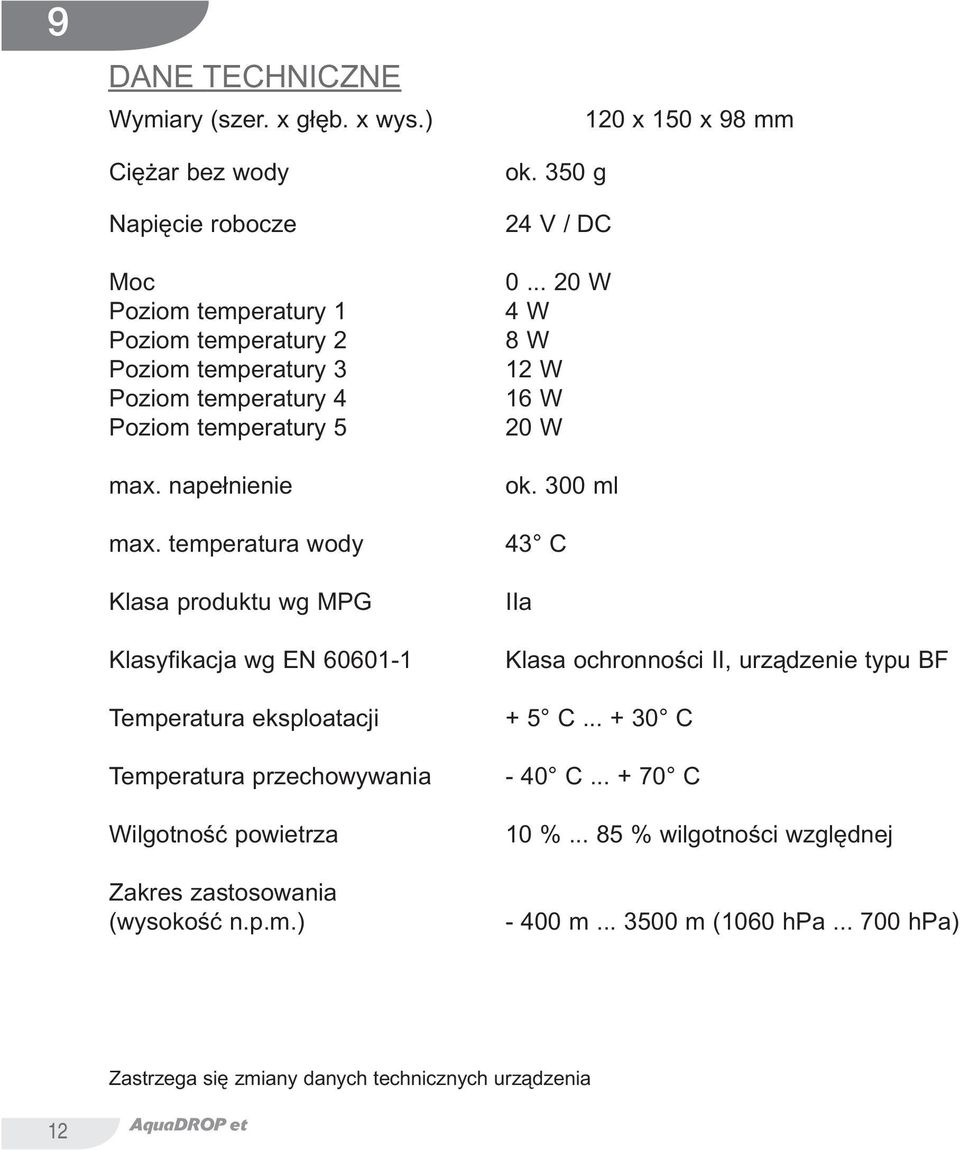 temperatura wody Klasa produktu wg MPG Klasyfikacja wg EN 60601-1 Temperatura eksploatacji Temperatura przechowywania Wilgotność powietrza Zakres zastosowania (wysokość n.