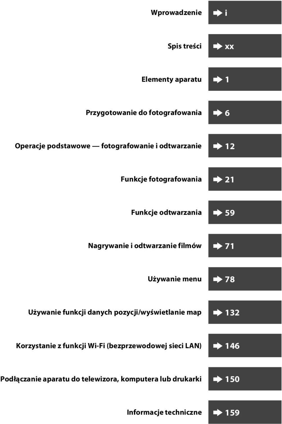 filmów 71 Używanie menu 78 Używanie funkcji danych pozycji/wyświetlanie map 132 Korzystanie z funkcji Wi-Fi