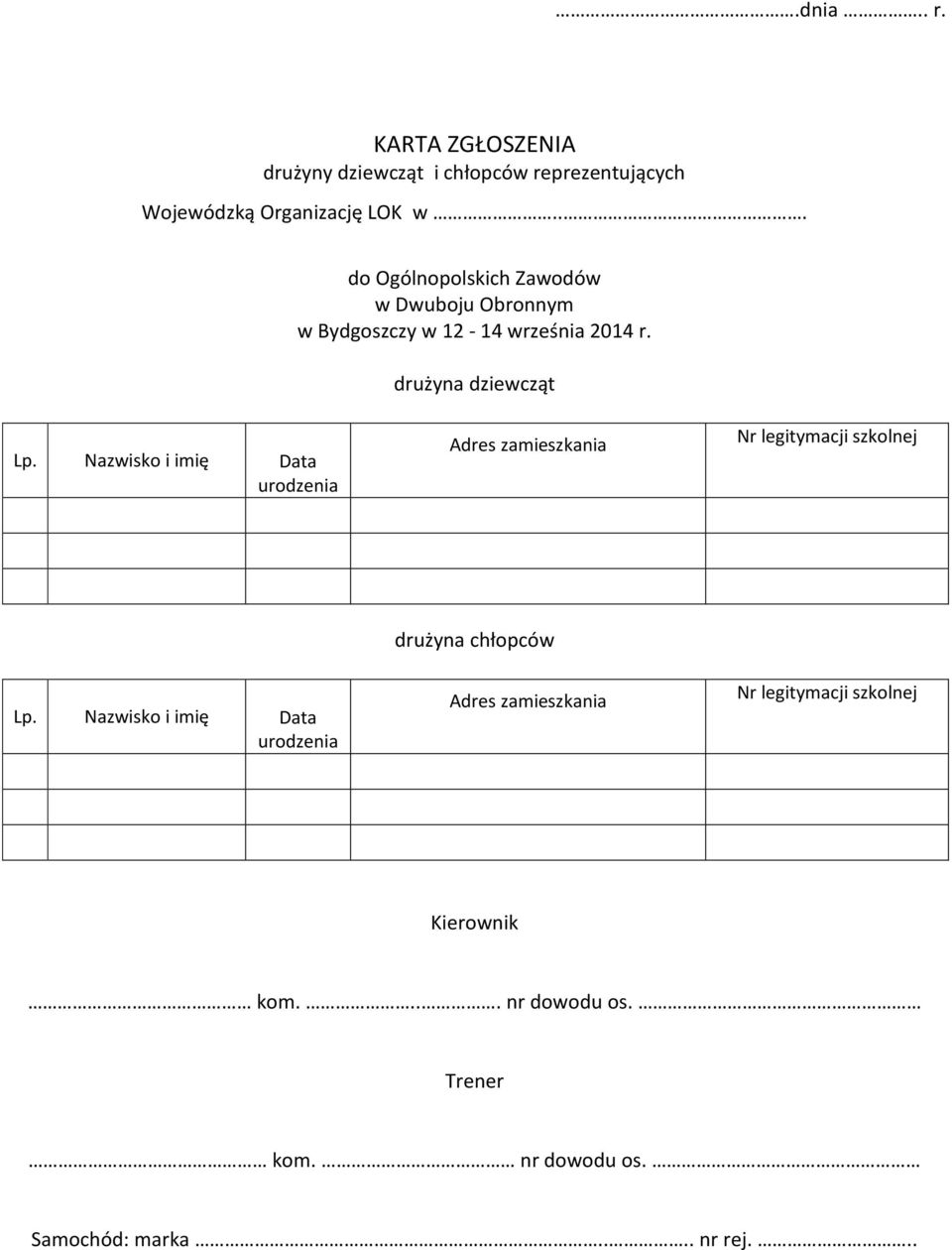 Nazwisko i imię Data urodzenia Adres zamieszkania Nr legitymacji szkolnej Lp.