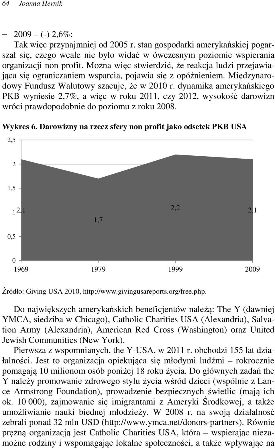 dynamika amerykańskiego PKB wyniesie 2,7%, a więc w roku 2011, czy 2012, wysokość darowizn wróci prawdopodobnie do poziomu z roku 2008. Wykres 6.