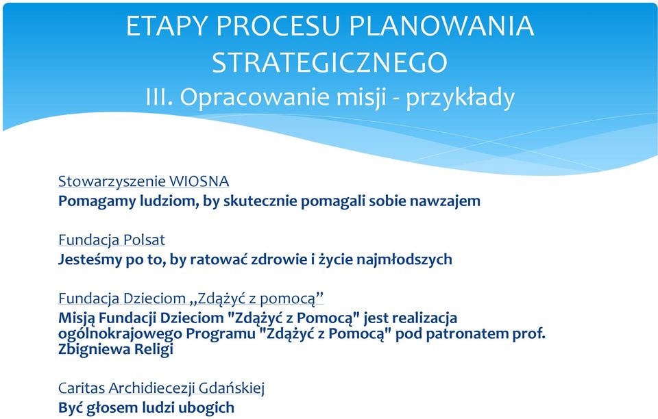 Zdążyć z pomocą Misją Fundacji Dzieciom "Zdążyć z Pomocą" jest realizacja ogólnokrajowego Programu