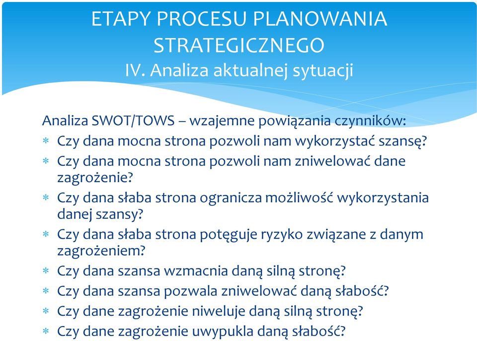 Czy dana słaba strona ogranicza możliwość wykorzystania danej szansy?