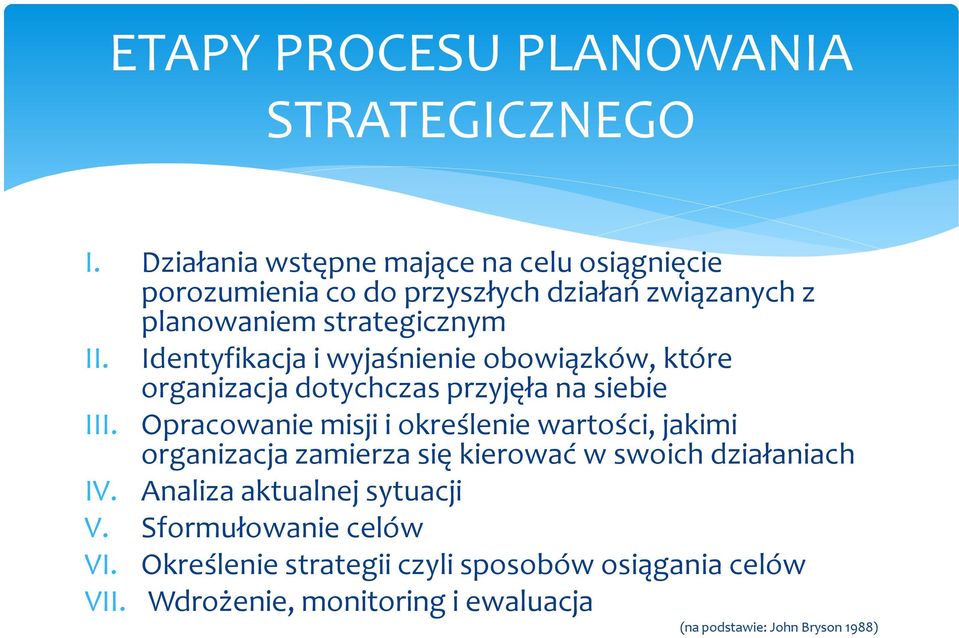 Opracowanie misji i określenie wartości, jakimi organizacja zamierza się kierować w swoich działaniach IV.