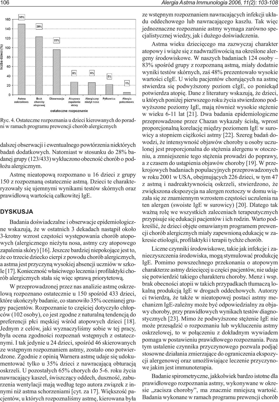 Natomiast w stosunku do 28% badanej grupy (123/433) wykluczono obecnoœæ chorób o pod- ³o u alergicznym. Astmê nieatopow¹ rozpoznano u 16 dzieci z grupy 150 z rozpoznan¹ ostatecznie astm¹.