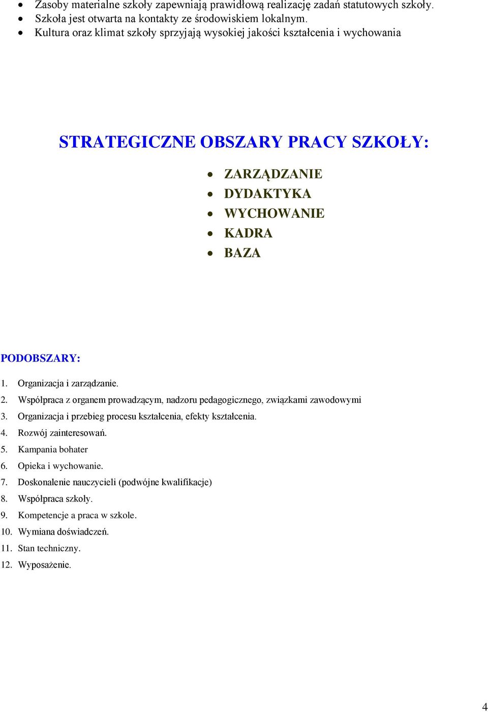 Organizacja i zarządzanie. 2. Współpraca z organem prowadzącym, nadzoru pedagogicznego, związkami zawodowymi 3. Organizacja i przebieg procesu kształcenia, efekty kształcenia. 4.