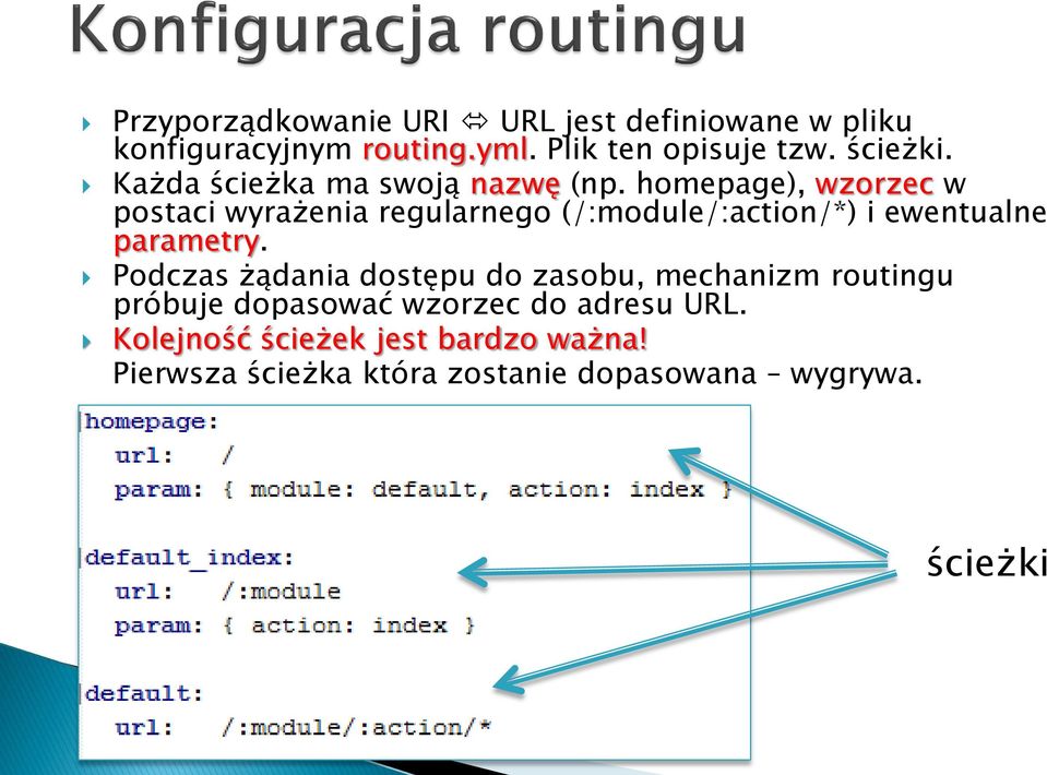 homepage), wzorzec w postaci wyrażenia regularnego (/:module/:action/*) i ewentualne parametry.