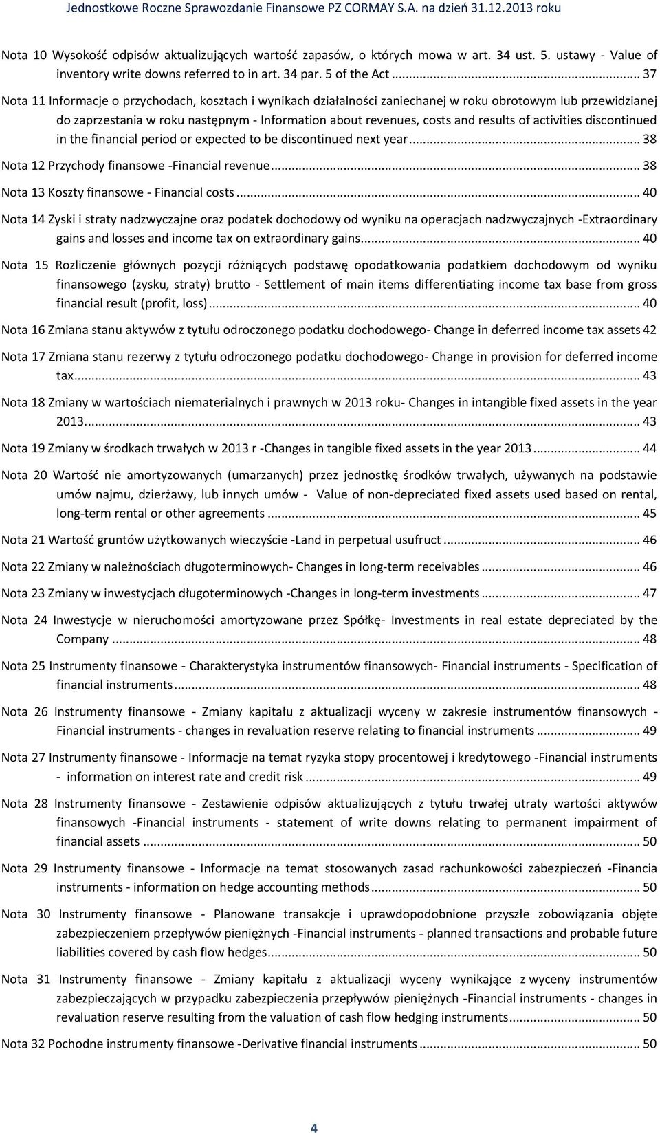results of activities discontinued in the financial period or expected to be discontinued next year... 38 Nota 12 Przychody finansowe -Financial revenue... 38 Nota 13 Koszty finansowe - Financial costs.