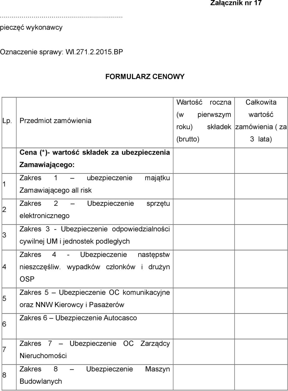 elektronicznego 3 Zakres 3 - Ubezpieczenie odpowiedzialności cywilnej UM i jednostek podległych Zakres 4 - Ubezpieczenie następstw 4 nieszczęśliw.