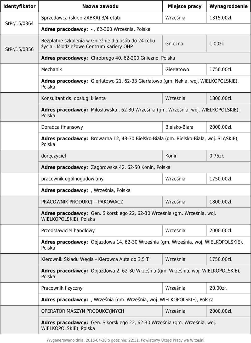 Mechanik Gierłatowo 1750.00zł. Adres pracodawcy: Gierłatowo 21, 62-33 Gierłatowo (gm. Nekla, woj. WIELKOPOLSKIE), Konsultant ds. obsługi klienta Września 1800.00zł. Adres pracodawcy: Miłosławska, 62-30 Września (gm.