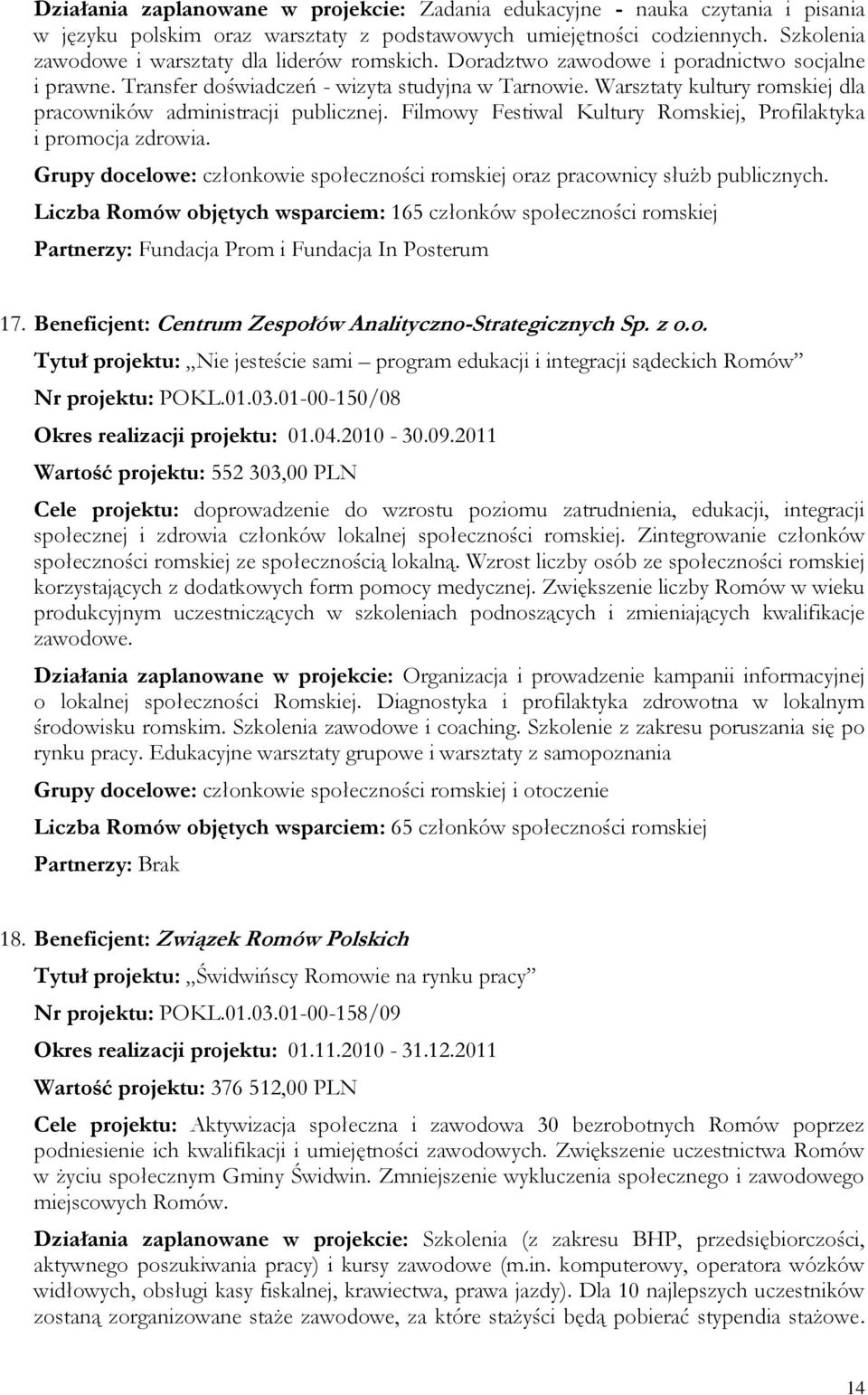 Warsztaty kultury romskiej dla pracowników administracji publicznej. Filmowy Festiwal Kultury Romskiej, Profilaktyka i promocja zdrowia. oraz pracownicy służb publicznych.