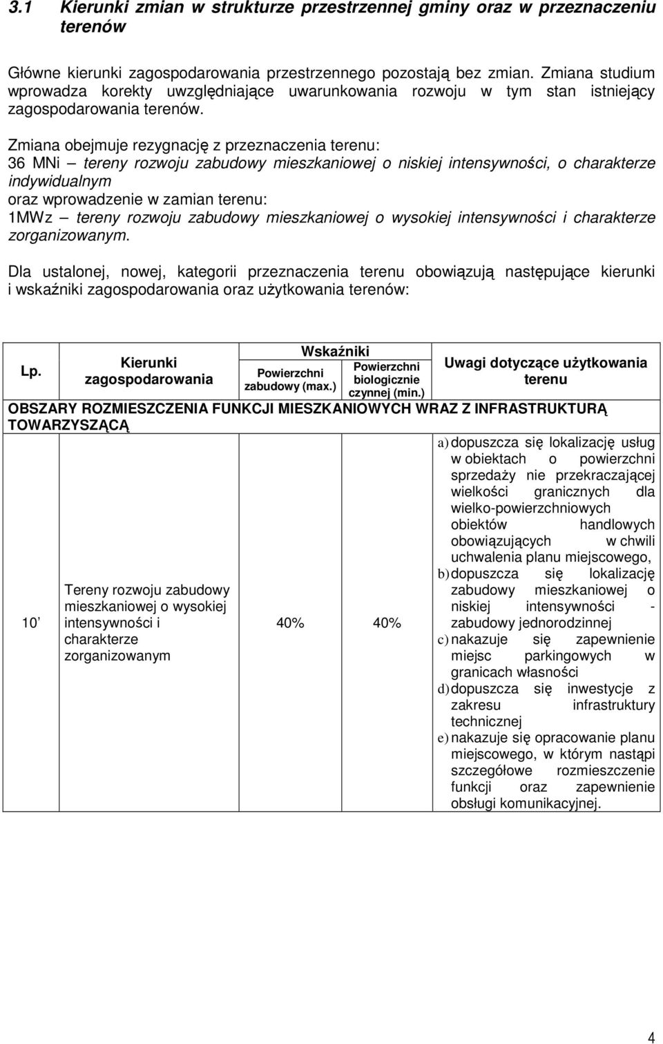 Zmiana obejmuje rezygnację z przeznaczenia terenu: 36 MNi tereny rozwoju zabudowy mieszkaniowej o niskiej intensywności, o charakterze indywidualnym oraz wprowadzenie w zamian terenu: 1MWz tereny