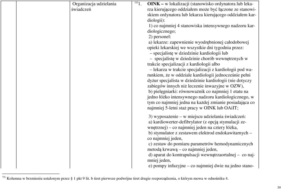 intensywnego nadzoru kardiologicznego; 2) personel: a) lekarze: zapewnienie wyodrębnionej całodobowej opieki lekarskiej we wszystkie dni tygodnia przez: specjalistę w dziedzinie kardiologii lub