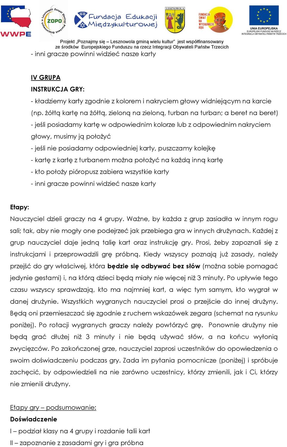 turbanem można położyć na każdą inną kartę - kto położy pióropusz zabiera wszystkie karty Etapy: Nauczyciel dzieli graczy na 4 grupy.