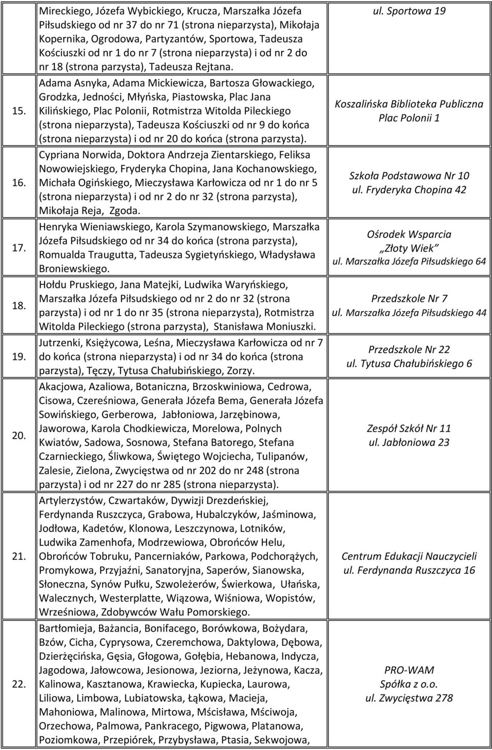 (strona nieparzysta) i od nr 2 do nr 18 (strona parzysta), Tadeusza Rejtana.