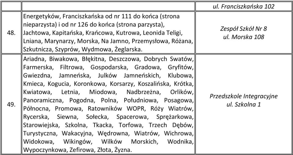 Jamno, Przemysłowa, Różana, Szkutnicza, Szyprów, Wydmowa, Żeglarska.