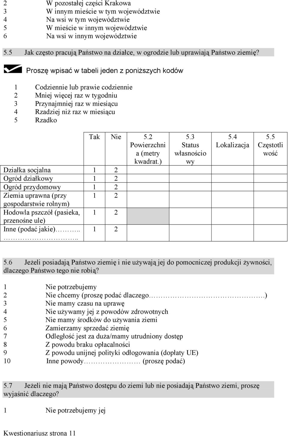 Proszę wpisać w tabeli jeden z poniższych kodów Codziennie lub prawie codziennie Mniej więcej raz w tygodniu Przynajmniej raz w miesiącu Rzadziej niż raz w miesiącu Rzadko Tak Nie.