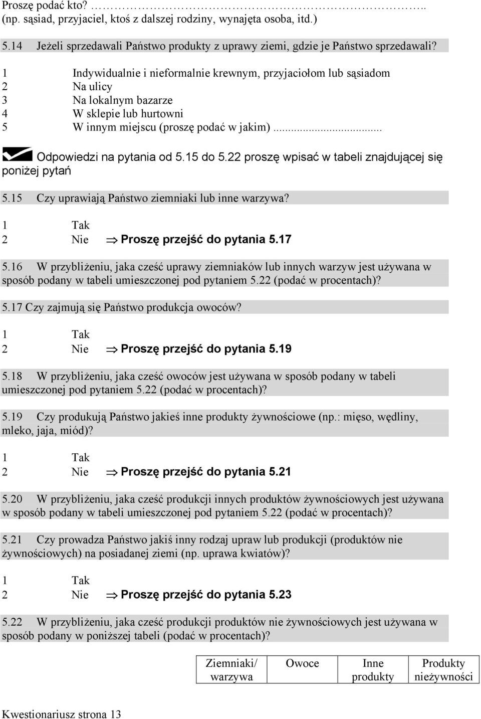 proszę wpisać w tabeli znajdującej się poniżej pytań. Czy uprawiają Państwo ziemniaki lub inne warzywa? Tak Nie Proszę przejść do pytania.