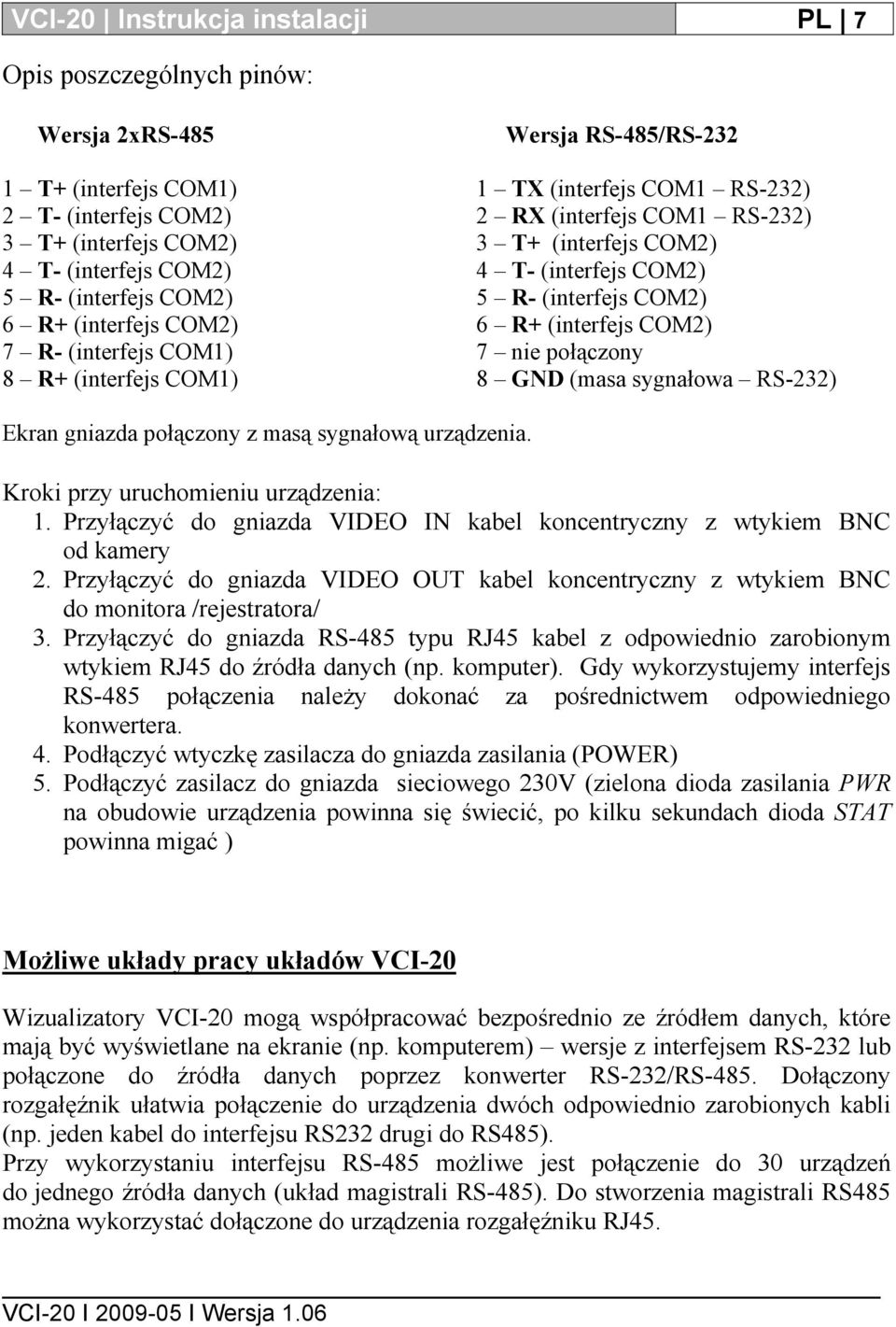 COM2) 6 R+ (interfejs COM2) 7 nie połączony 8 GND (masa sygnałowa RS-232) Ekran gniazda połączony z masą sygnałową urządzenia. Kroki przy uruchomieniu urządzenia: 1.