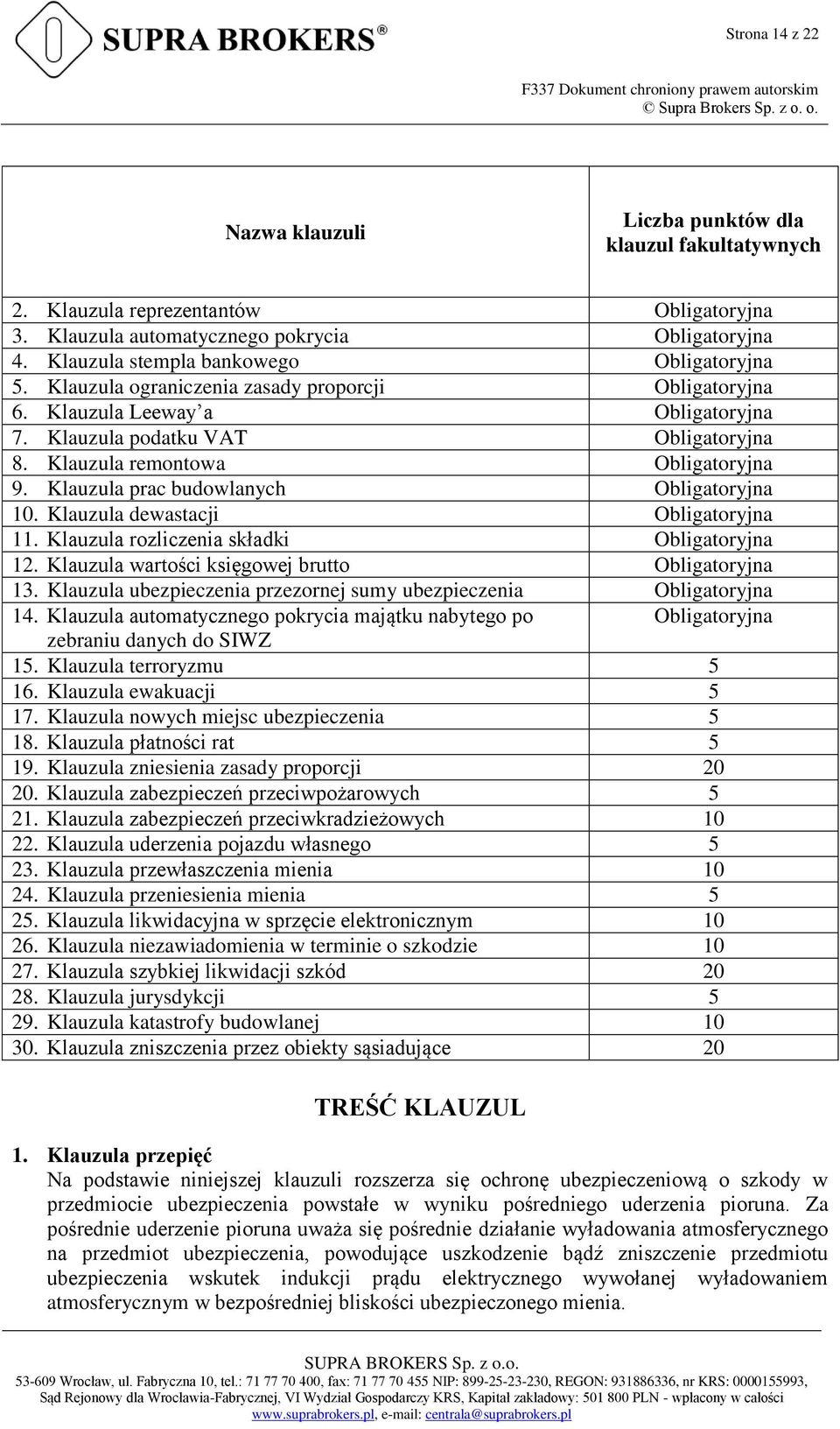 Klauzula remontowa Obligatoryjna 9. Klauzula prac budowlanych Obligatoryjna 10. Klauzula dewastacji Obligatoryjna 11. Klauzula rozliczenia składki Obligatoryjna 12.