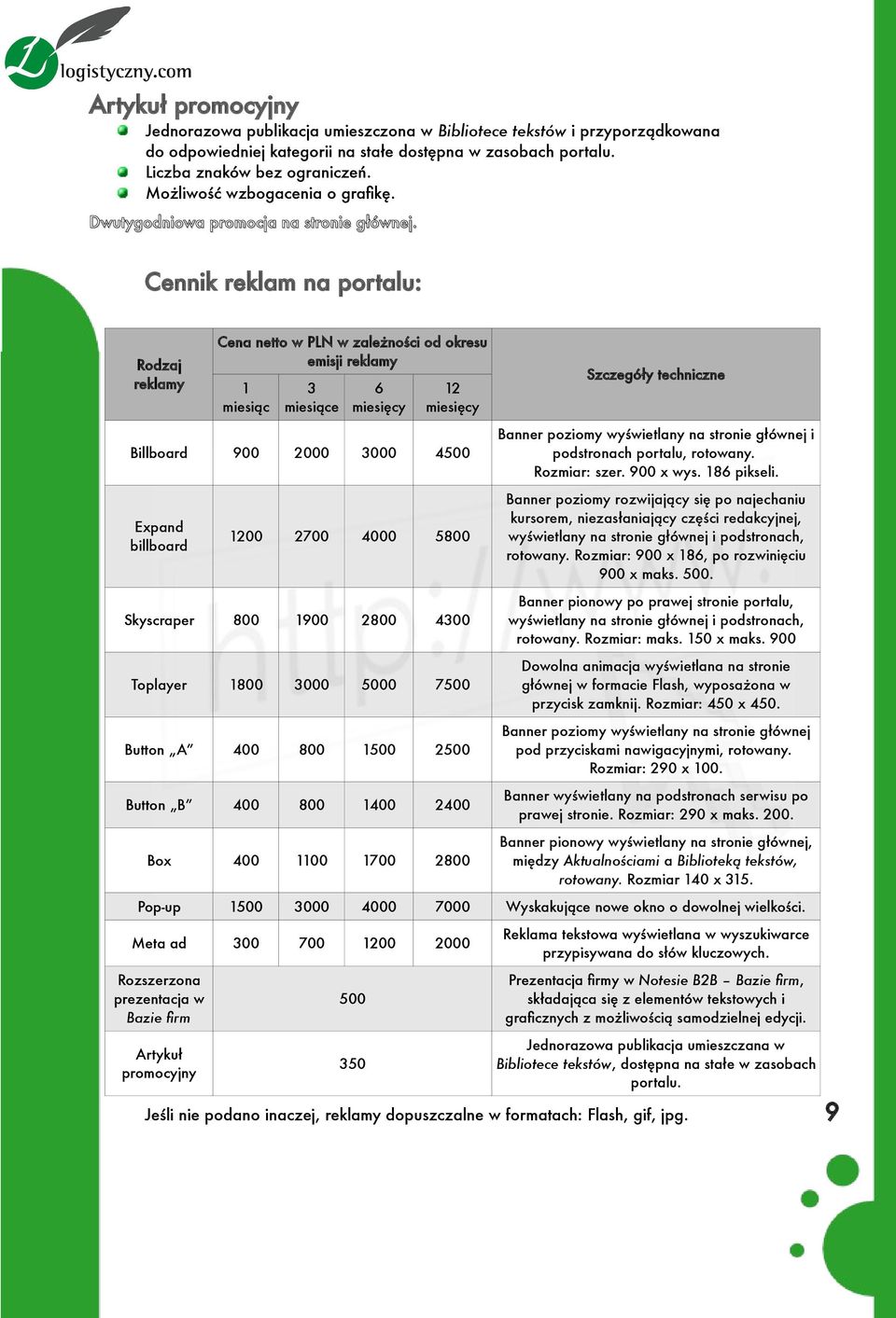 Cennik reklam na portalu: Rodzaj reklamy Billboard Cena netto w PLN w zależności od okresu emisji reklamy 1 miesiąc 900 3 6 miesiące miesięcy 2000 3000 12 miesięcy Szczegóły techniczne 4500 Banner