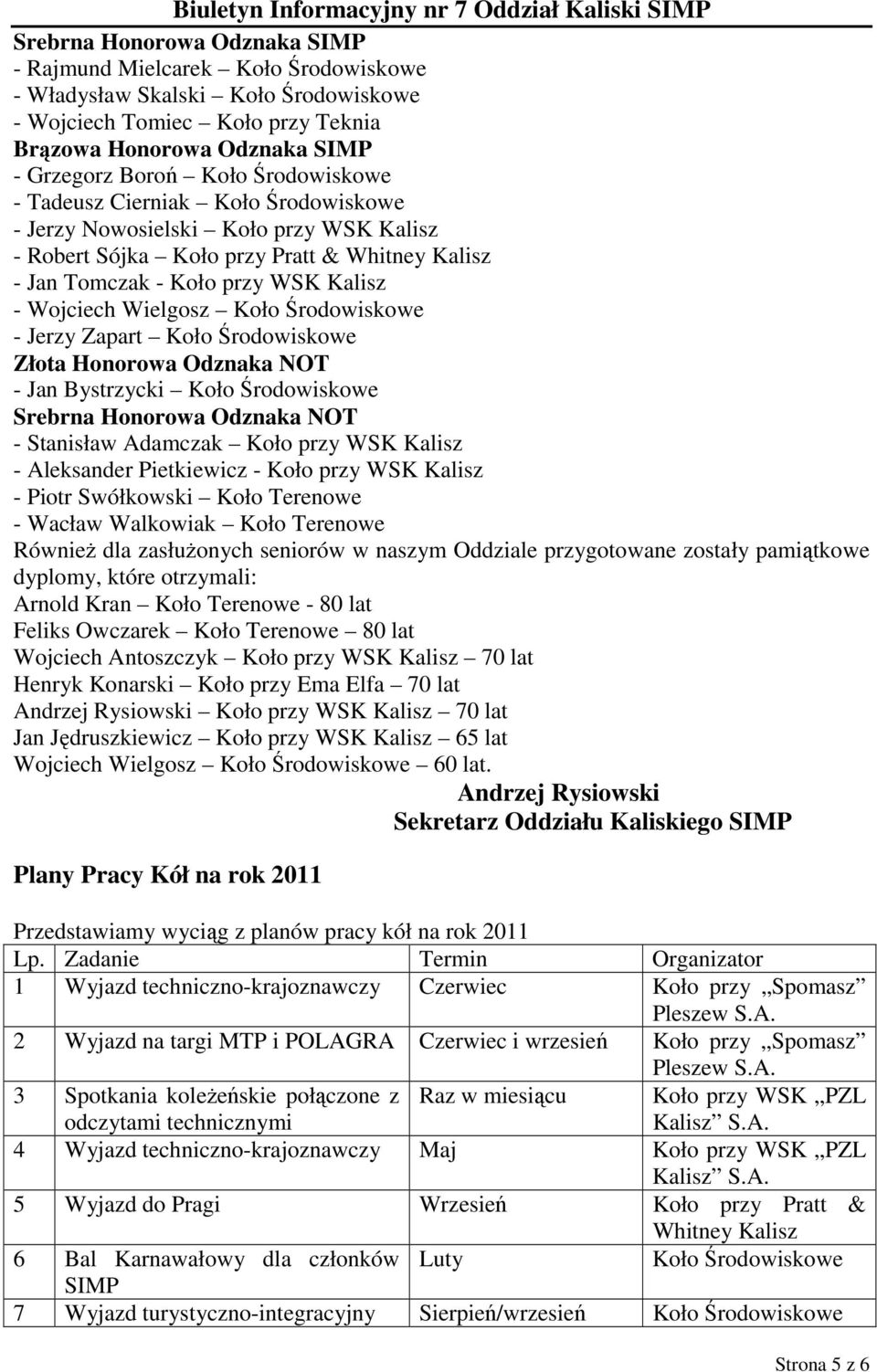 Koło Środowiskowe - Jerzy Zapart Koło Środowiskowe Złota Honorowa Odznaka NOT - Jan Bystrzycki Koło Środowiskowe Srebrna Honorowa Odznaka NOT - Stanisław Adamczak Koło przy WSK Kalisz - Aleksander