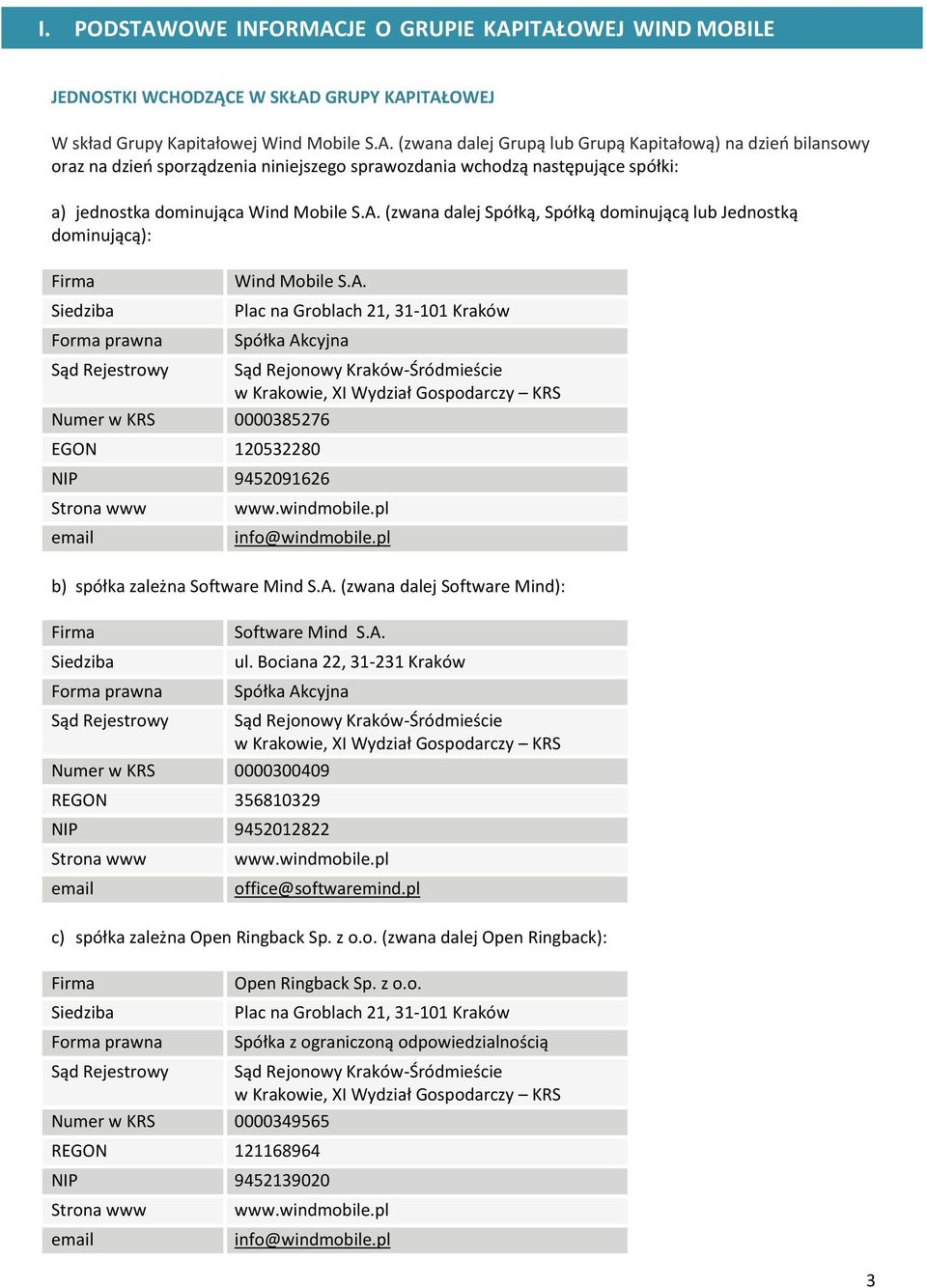 Kraków-Śródmieście w Krakowie, XI Wydział Gospodarczy KRS Numer w KRS 0000385276 EGON 120532280 NIP 9452091626 Strona www email www.windmobile.pl info@windmobile.pl b) spółka zależna Software Mind S.