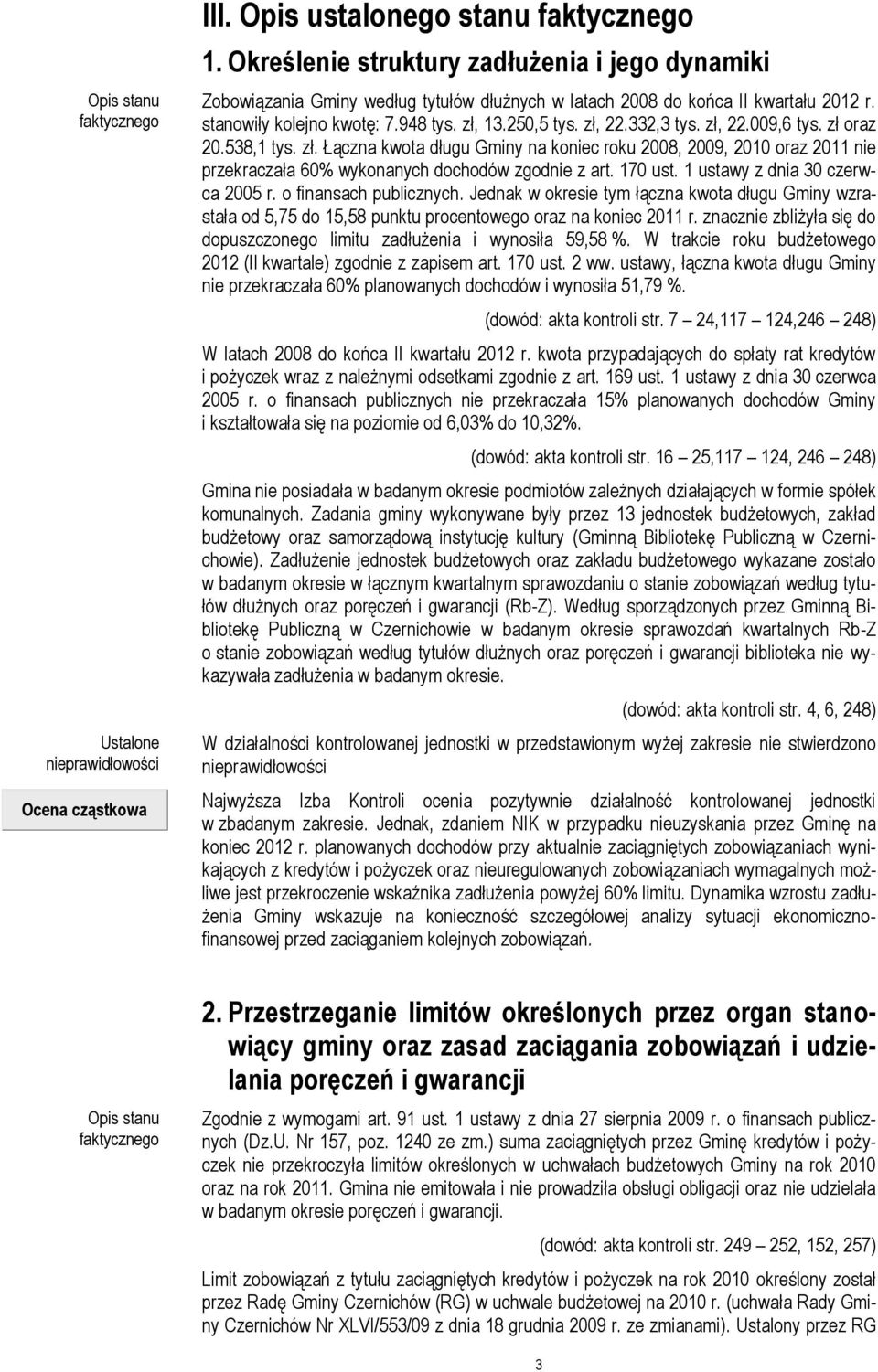 332,3 tys. zł, 22.009,6 tys. zł oraz 20.538,1 tys. zł. Łączna kwota długu Gminy na koniec roku 2008, 2009, 2010 oraz 2011 nie przekraczała 60% wykonanych dochodów zgodnie z art. 170 ust.