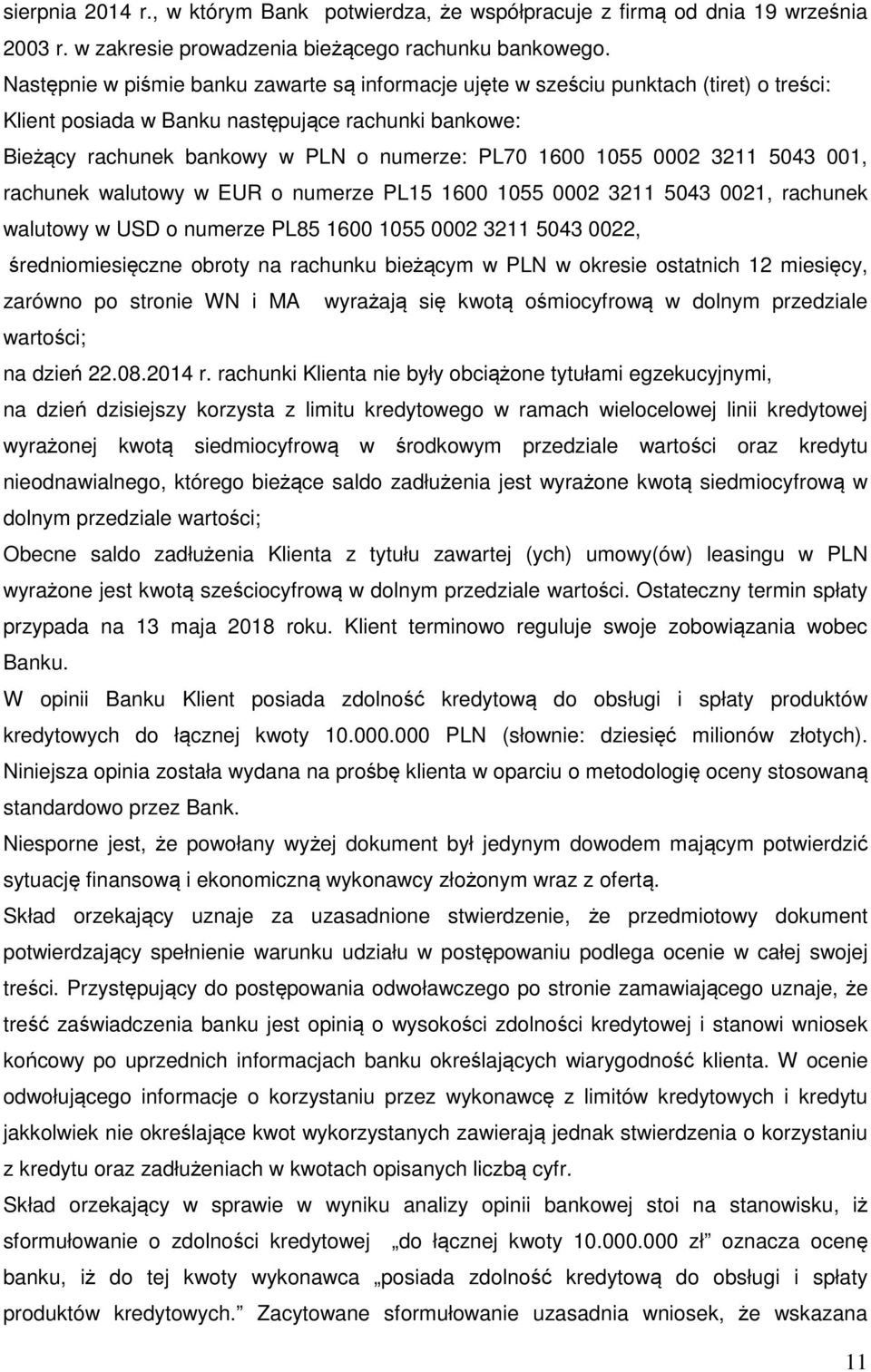 0002 3211 5043 001, rachunek walutowy w EUR o numerze PL15 1600 1055 0002 3211 5043 0021, rachunek walutowy w USD o numerze PL85 1600 1055 0002 3211 5043 0022, średniomiesięczne obroty na rachunku