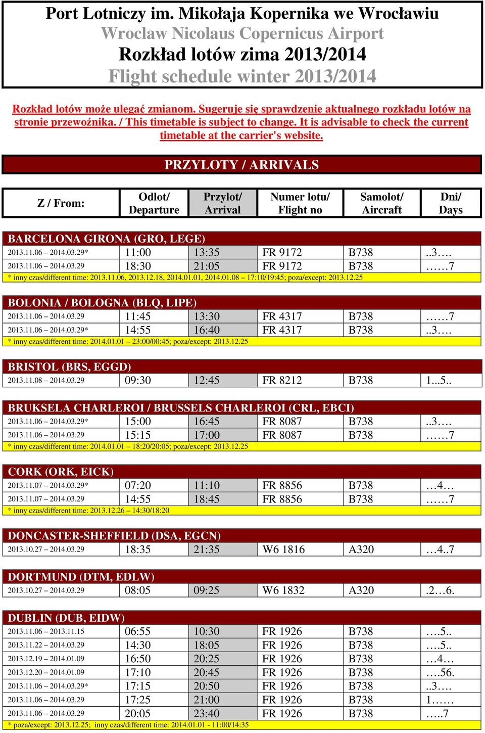 PRZYLOTY / ARRIVALS Z / From: Odlot/ Departure Przylot/ Arrival Numer lotu/ Flight no Samolot/ Aircraft Dni/ Days BARCELONA GIRONA (GRO, LEGE) 2013.11.06 2014.03.