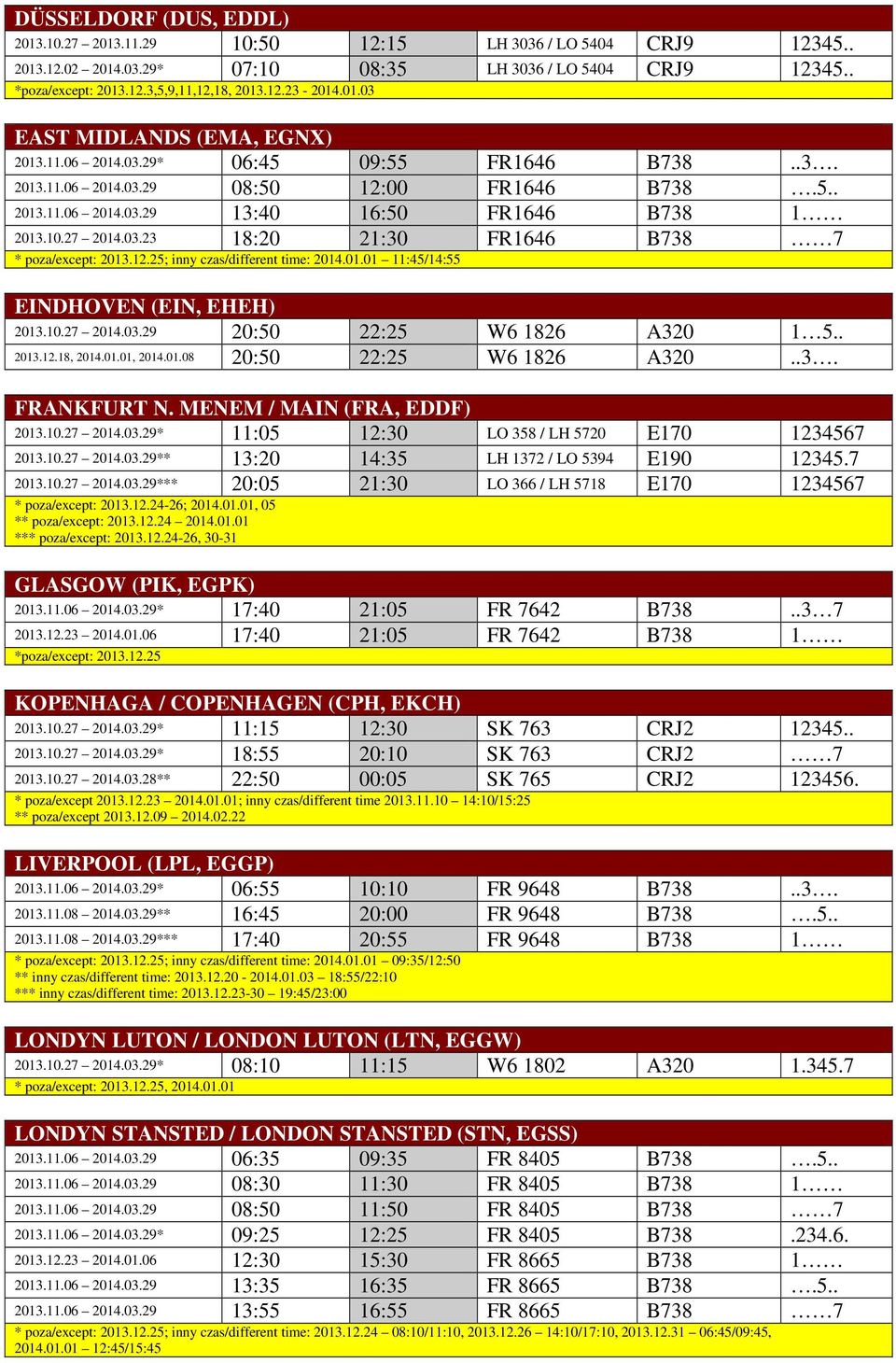 12.25; inny czas/different time: 2014.01.01 11:45/14:55 EINDHOVEN (EIN, EHEH) 2013.10.27 2014.03.29 20:50 22:25 W6 1826 A320 1 5.. 2013.12.18, 2014.01.01, 2014.01.08 20:50 22:25 W6 1826 A320..3. FRANKFURT N.