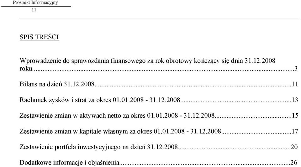 01.2008-31.12.2008...15 Zestawienie zmian w kapitale w asnym za okres 01.01.2008-31.12.2008...17 Zestawienie portfela inwestycyjnego na dzie 31.