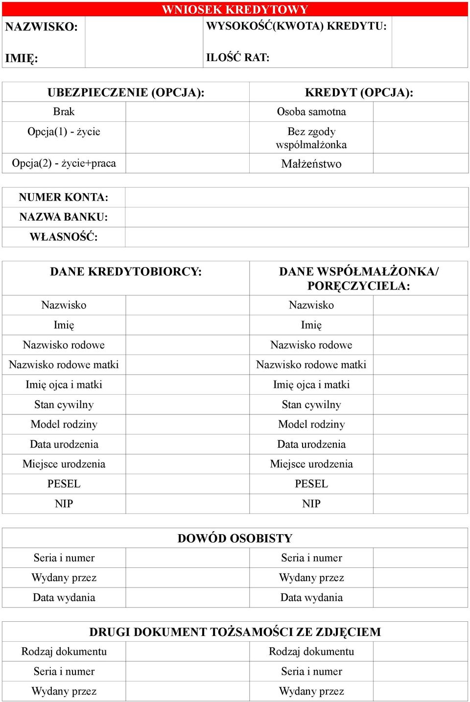 matki Stan cywilny Model rodziny Data urodzenia Miejsce urodzenia PESEL DANE WSPÓŁMAŁŻONKA/ PORĘCZYCIELA: Nazwisko Imię Nazwisko rodowe Nazwisko rodowe matki Imię