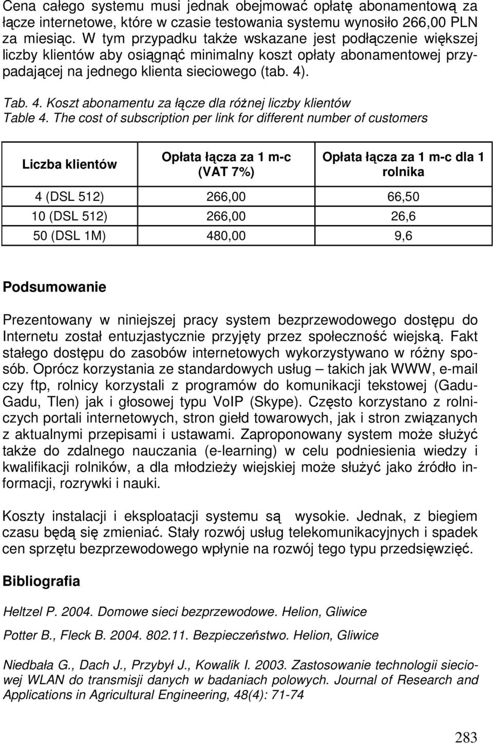 . Tab. 4. Koszt abonamentu za łącze dla róŝnej liczby klientów Table 4.