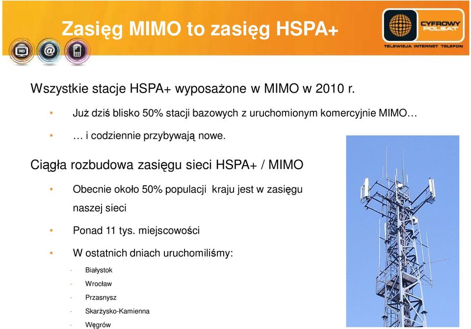 Ci a rozbudowa zasi gu sieci HSPA+ / MIMO Obecnie oko o 50% populacji kraju jest w zasi gu naszej