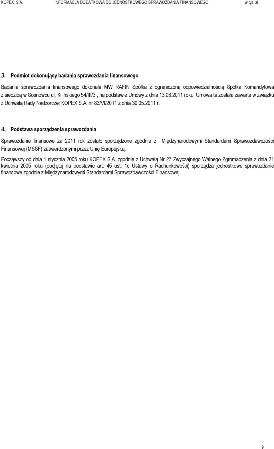 Kilińskiego 54/III/3, na podstawie Umowy z dnia 13.06.2011 roku. Umowa ta została zawarta w związku z Uchwałą Rady Nadzorczej KOPEX S.A. nr 83/VI/2011 z dnia 30.05.2011 r. 4.