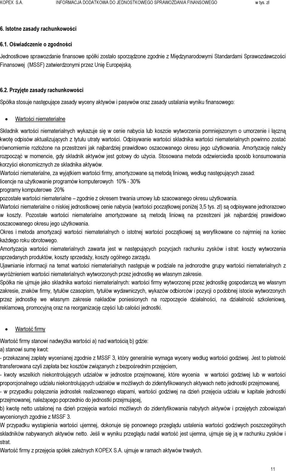 6.2. Przyjęte zasady rachunkowości Spółka stosuje następujące zasady wyceny aktywów i pasywów oraz zasady ustalania wyniku finansowego: Wartości niematerialne Składnik wartości niematerialnych