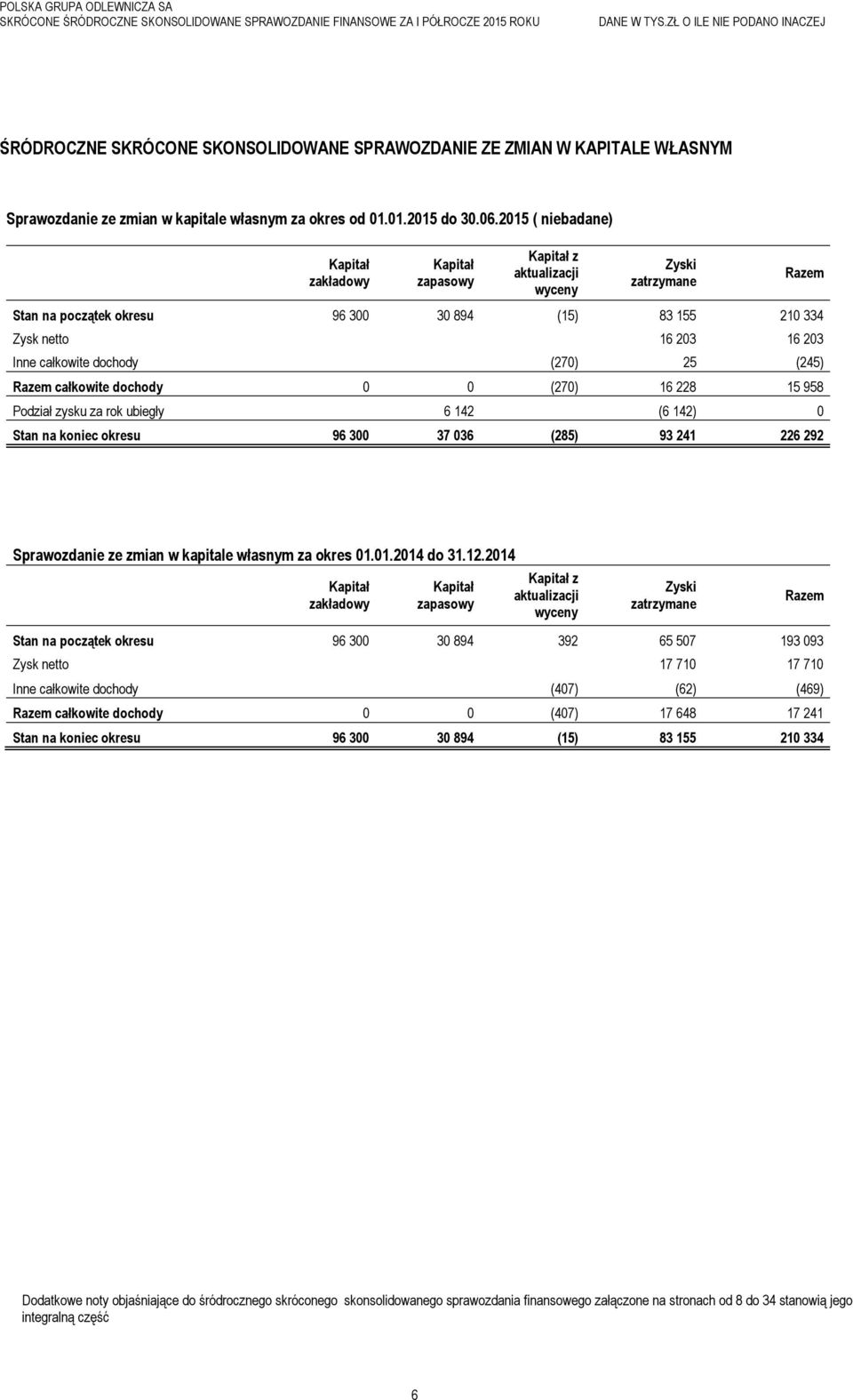 całkowite dochody (270) 25 (245) Razem całkowite dochody 0 0 (270) 16 228 15 958 Podział zysku za rok ubiegły 6 142 (6 142) 0 Stan na koniec okresu 96 300 37 036 (285) 93 241 226 292 Razem