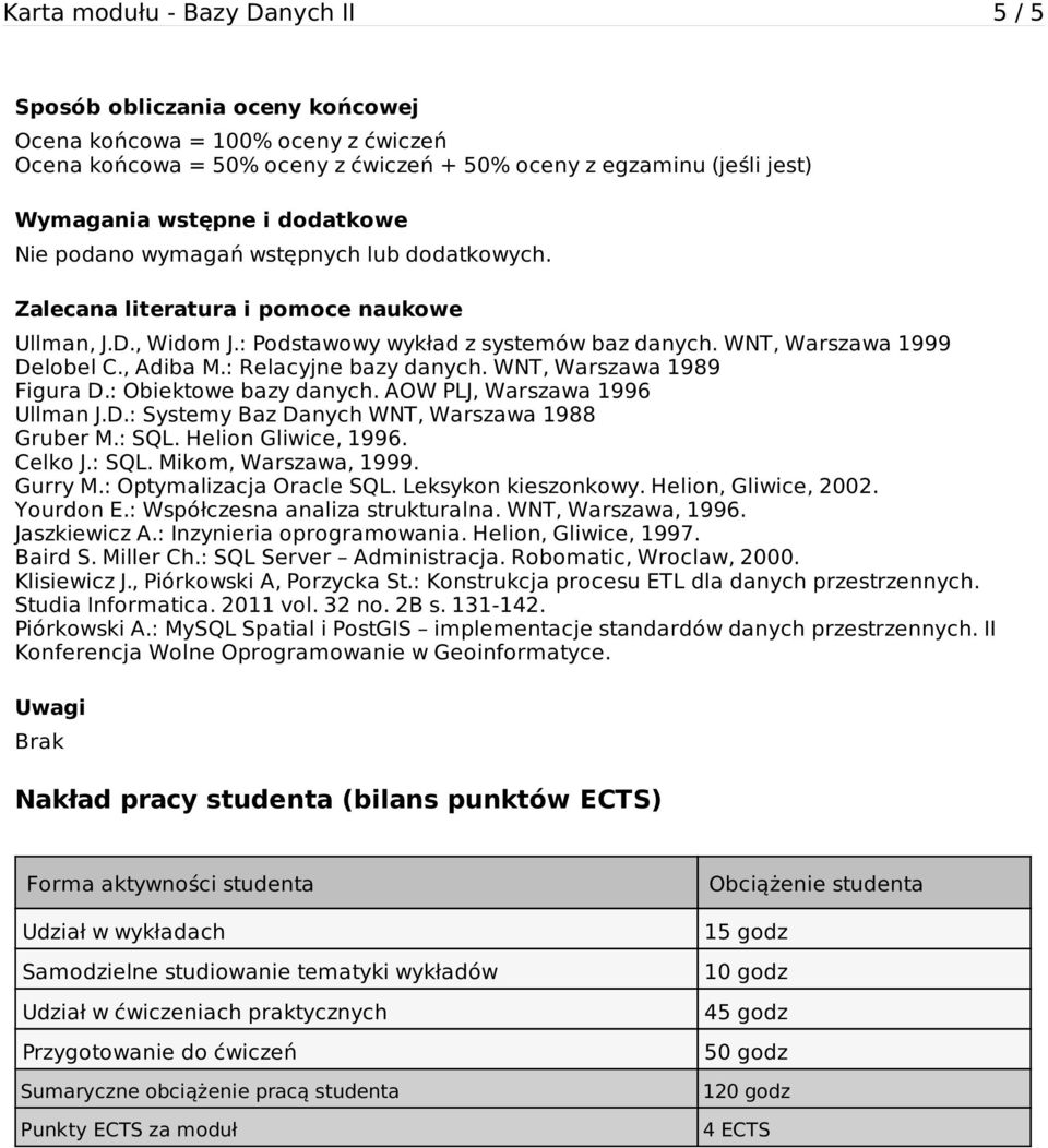 : Relacyjne bazy danych. WNT, Warszawa 1989 Figura D.: Obiektowe bazy danych. AOW PLJ, Warszawa 1996 Ullman J.D.: Systemy Baz Danych WNT, Warszawa 1988 Gruber M.: SQL. Helion Gliwice, 1996. Celko J.